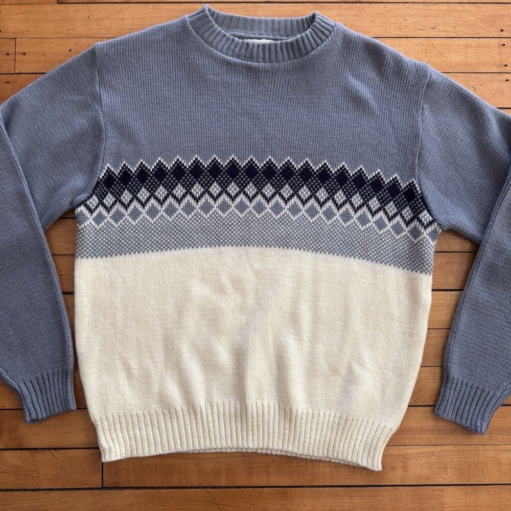 Vintage 80s Steep Slopes r Sz XL Mens Blue White Sweater Geometric Argyle Vtg